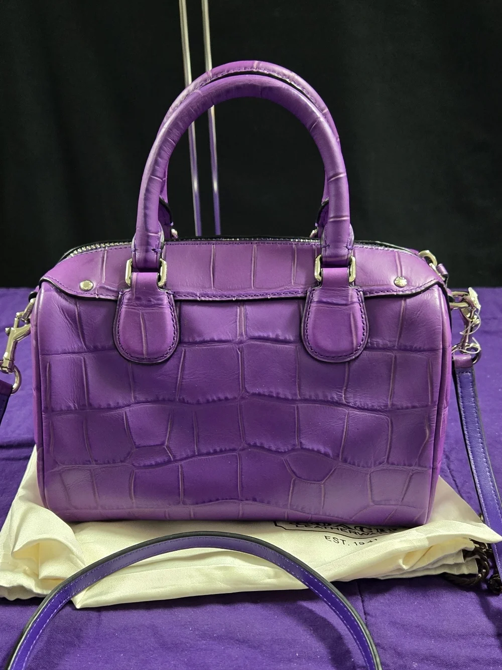 Coach Mini Bennet Croc-Embossed Purple Leather Satchel/ Crossbody - Picture 2 of 11